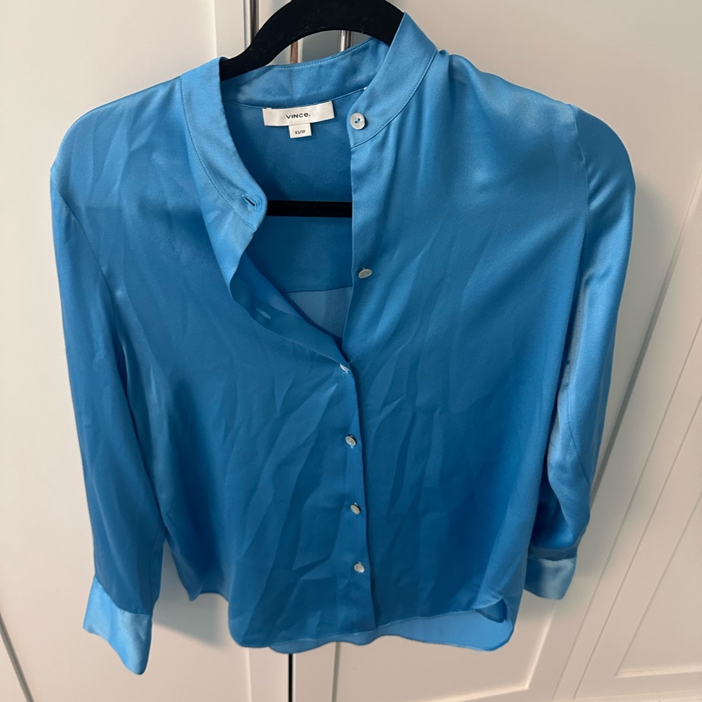 Vince Blue Satin Button-Up Women's Blouse